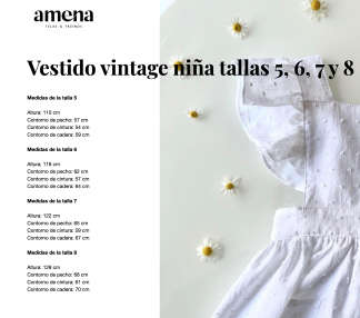Medidas Vestido vintage niña tallas 5, 6, 7 y 8
